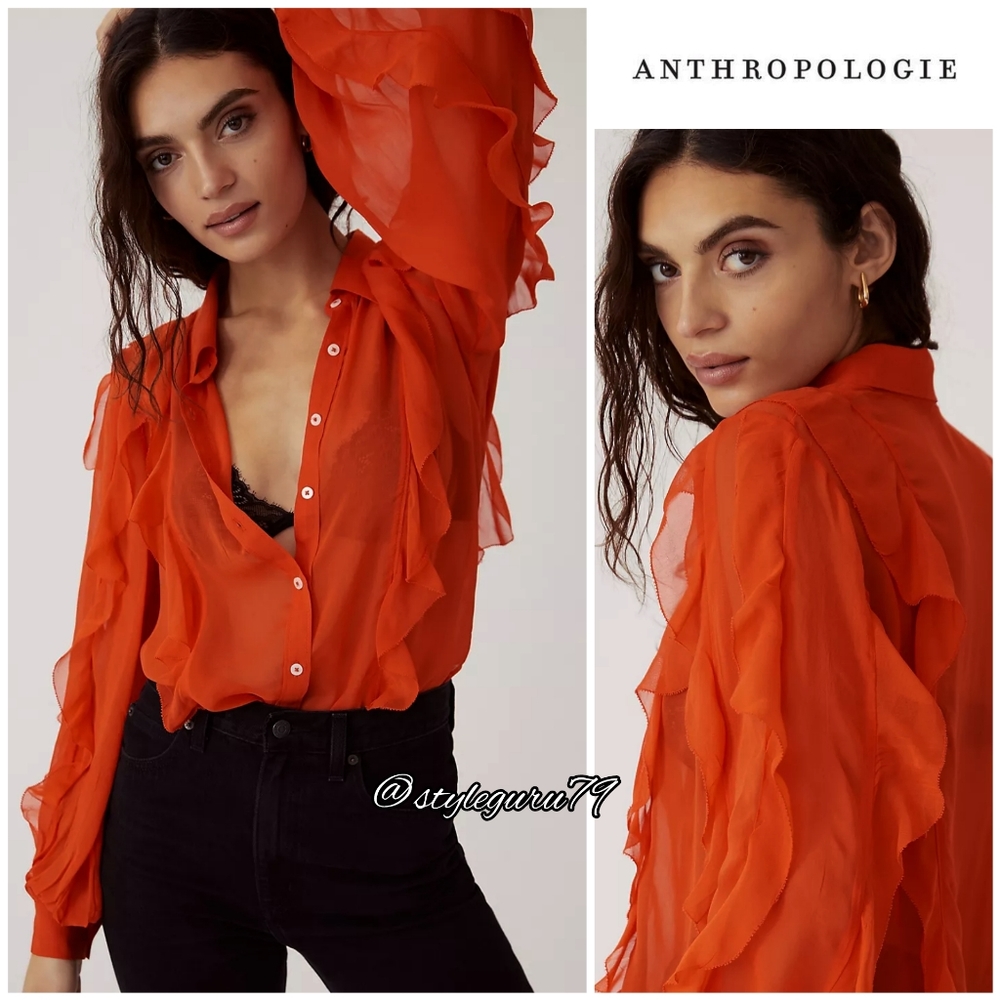 NWT, Anthropologie, Maeve Ruffled Long Sleeve Buttondown In Poppy